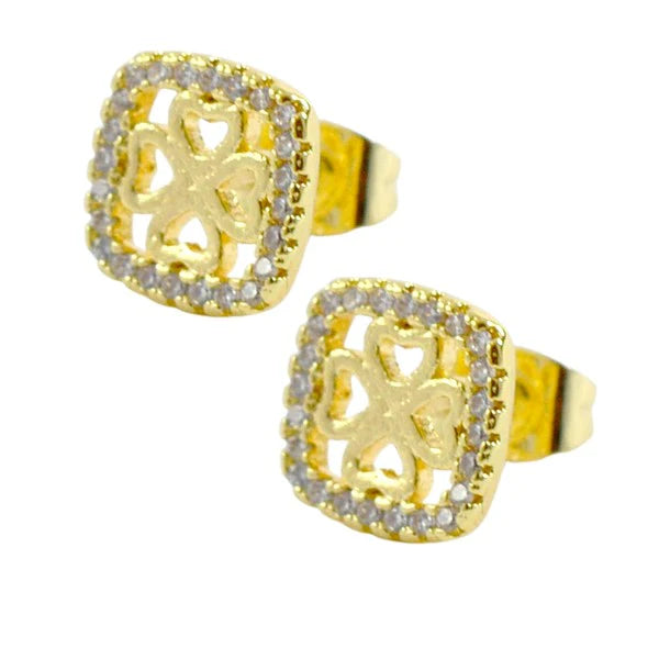 Boucles d'oreilles Carré Trèfle | Diamants CZ Sertis | Plaqué Or 1 Micron