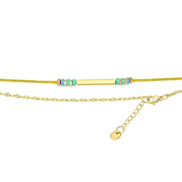 Double Bracelet Cordelette Jaune & Chaînette Dorée – Perles Bleu/Vert & Tube Doré