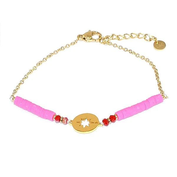 Bracelet Acier 316 Disque Étoile Doré – Gomme Fuchsia & Jaspe Rouge