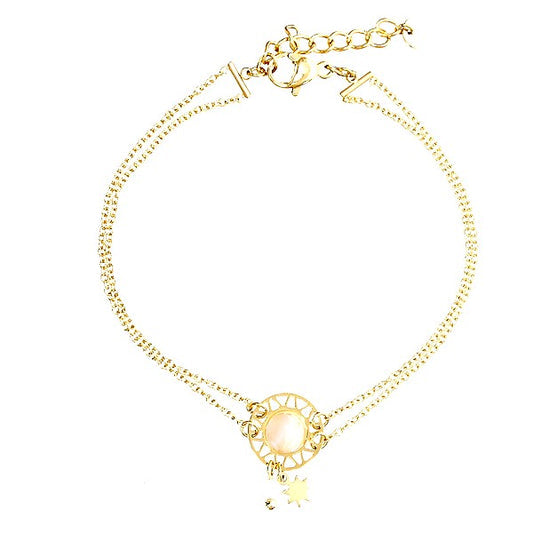 Bracelet Pierre de Lune Double Chaîne Acier – Breloques Étoiles
