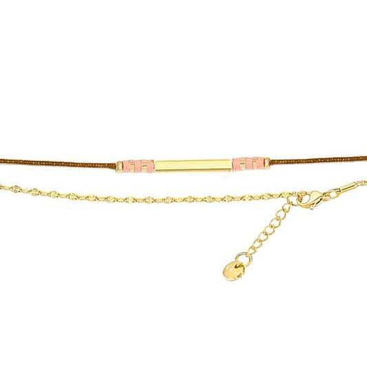 Double Bracelet Cordelette Marron & Chaînette Dorée – Perle Rose & Tube Doré