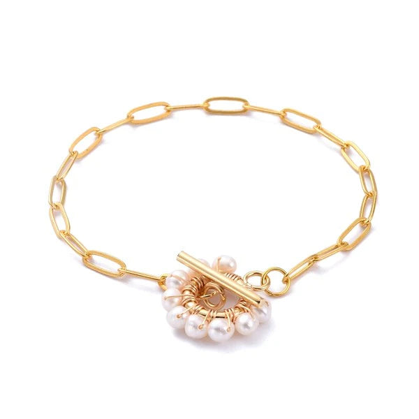 Bracelet Trombone Plaqué Or & Pierre de Culture d'Eau Douce