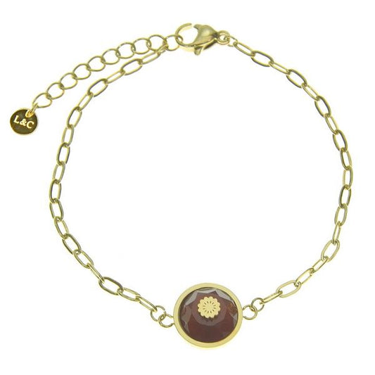 Bracelet Acier Rosace Doré – Agate Rouge – Pierre Naturelle
