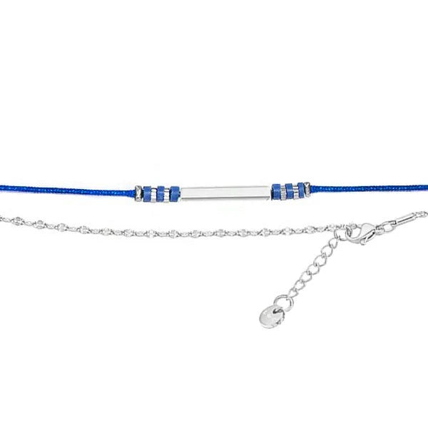 Double Bracelet Cordelette Bleue & Chaînette Argentée – Lapis Lazuli & Tube Argenté