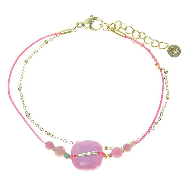 Bracelet Double Rangs Acier 316 Pierre Carrée Rhodonite