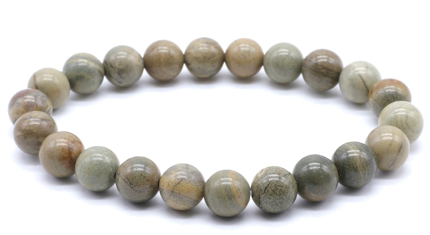 Bracelet Jaspe Feuille d’Argent – Perles Naturelles 8mm