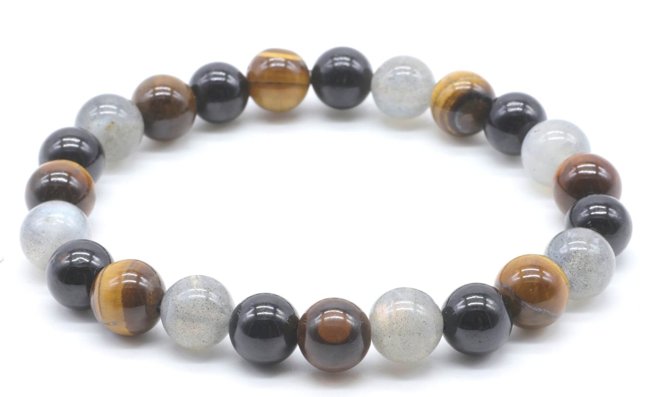 Bracelet Labradorite, Tourmaline Noire & Œil de Tigre – Perles 8mm