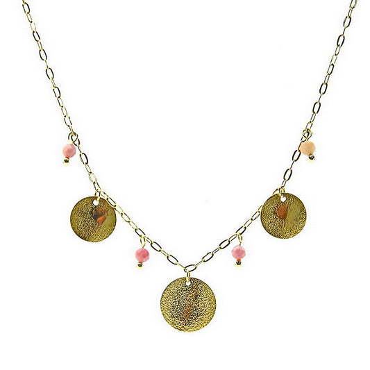 Collier Acier Doré Pierre Naturelle Rhodonite – Pendentif 3 Disques