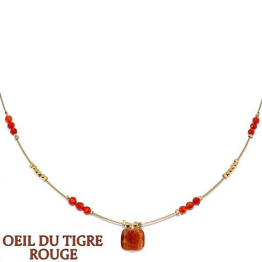 Collier Œil du Tigre Rouge – Perles Acier inoxydable Doré