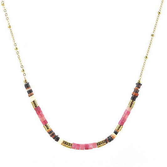 Collier Femme Acier 316L Alternance Disques Pierre Naturelle Rhodonite
