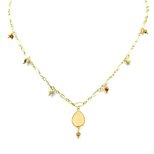 Collier Femme Acier Pendentif Paillette Pierre Naturelle Jaspe Paysage
