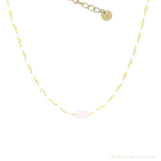 Collier Femme – Pierre Naturelle Gemme Rose – Acier 316L
