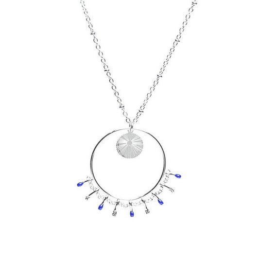Collier Femme Breloques Cercles Pendants Bleu - Acier Inoxydable Argenté