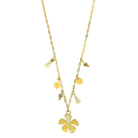 Collier Acier Doré Pierre Naturelle Œil de Tigre – Pendentif Pétale