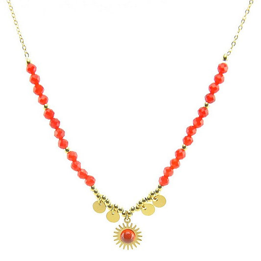 Collier Femme Chaîne Acier Breloques Disques Pierre Naturelle Agate Rouge
