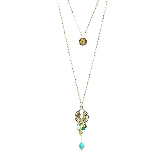 Collier Acier Doré Pierre Naturelle Turquoise – Pendentif Breloques