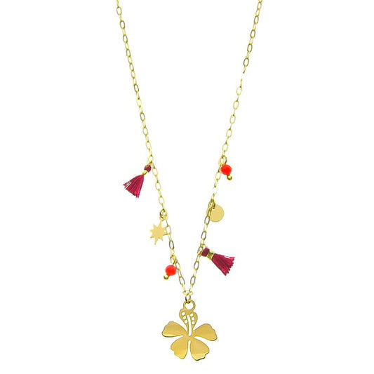 Collier Acier Doré Pierre Naturelle Agate Rouge – Pendentif Pétale