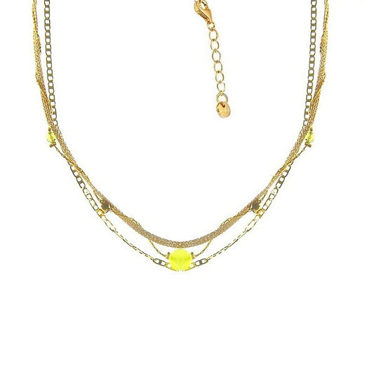 Collier Femme Multi Rangs Chaîne Acier Or Pierre Naturelle Gemme Jaune