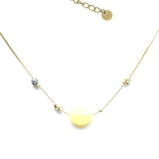 Collier Femme Acier 316L Breloque Pompon Étoile Pierre Naturelle Moutarde