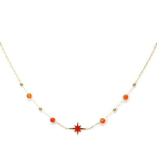 Collier Acier Doré Pierre Naturelle Agate Rouge – Pendentif Étoile
