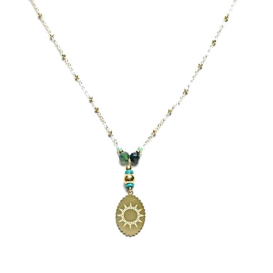 Collier Acier Doré Pierre Naturelle Turquoise d'Afrique – Pendentif Soleil