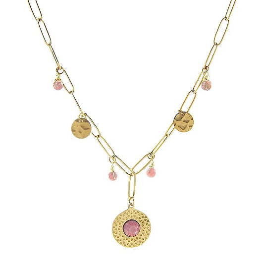 Collier Femme Acier Doré Pierre Naturelle Rhodonite – Pendentif & Breloques