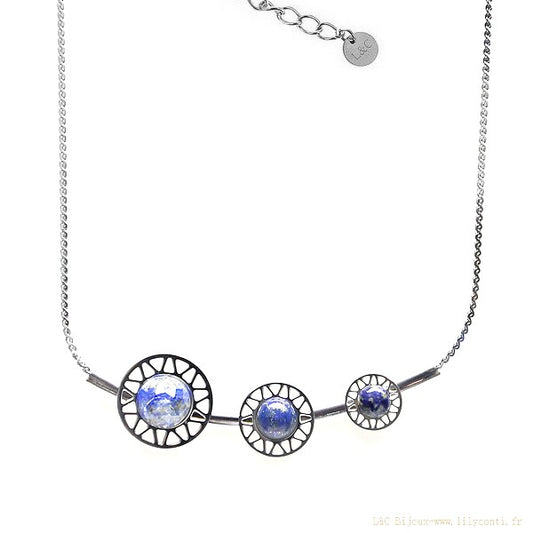 Collier Femme Acier 316L Trio de Ronds Pierre Naturelle Lapis Lazuli