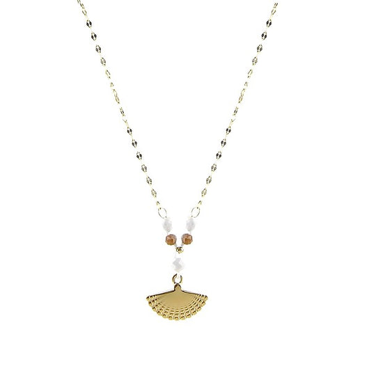 Collier Femme Pendentif Éventail Acier Pierre Naturelle Jaspe Paysage