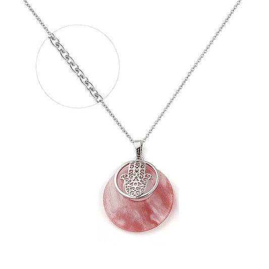 Collier Femme Main de Fatma Quartz Rose - Chaîne Acier Inoxydable