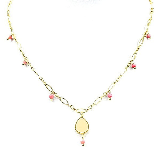 Collier Femme Acier Inoxydable Pendentif Paillette Pierre Naturelle Rhodonite