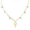 Collier Femme Acier Inoxydable Pendentif Paillette Pierre Naturelle Rhodonite