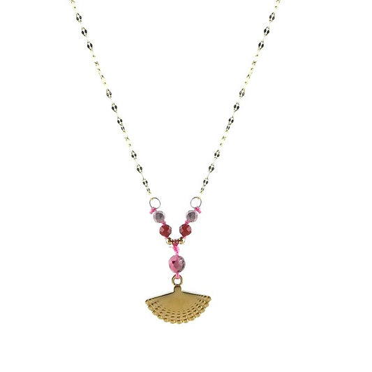 Collier Femme Pendentif Éventail Acier Pierre Naturelle Rhodonite
