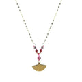 Collier Femme Pendentif Éventail Acier Pierre Naturelle Rhodonite