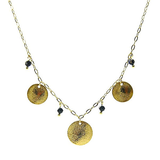 Collier Acier Doré Pierre Naturelle Agate Noire – Pendentif 3 Disques