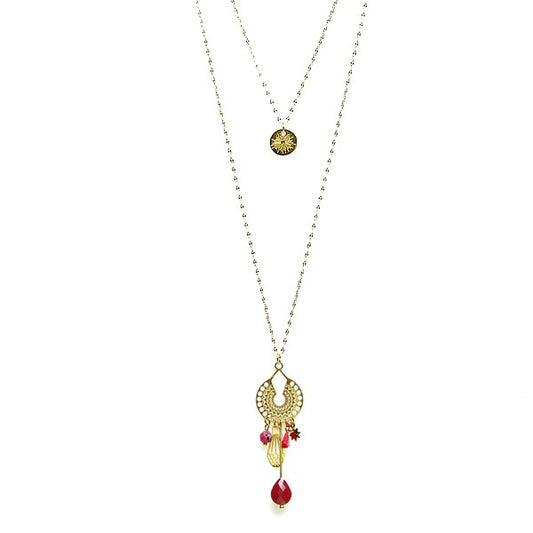 Collier Femme Acier Doré Pierre Naturelle Agate Rouge & Breloques