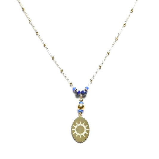 Collier Lapis Lazuli Pendentif Soleil – Chaîne Acier inoxydable Doré