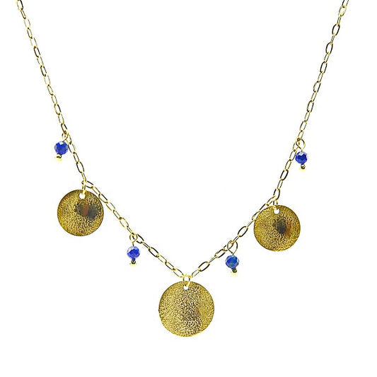 Collier Acier Doré Pierre Naturelle Lapis Lazuli – Pendentif 3 Disques