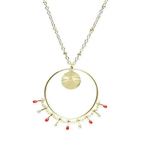 Collier Femme Breloques Cercles Pendants Rouge - Acier Inoxydable Doré