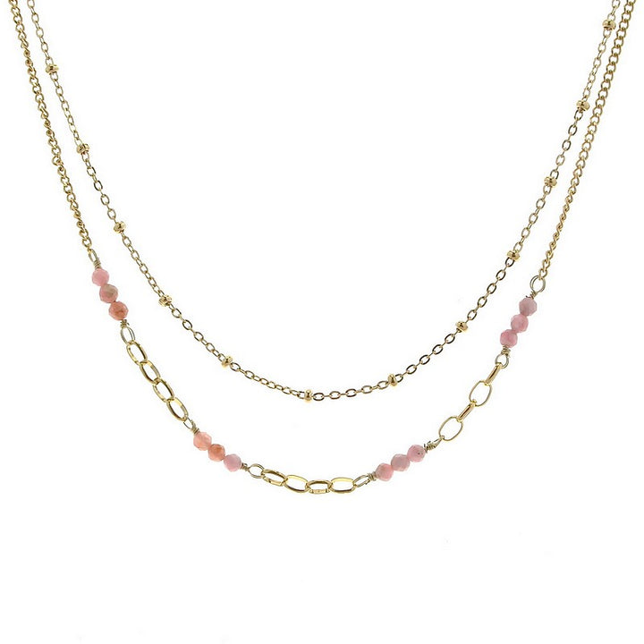 Collier Acier Inoxydable Double Rangs Pierre Naturelle Rhodonite