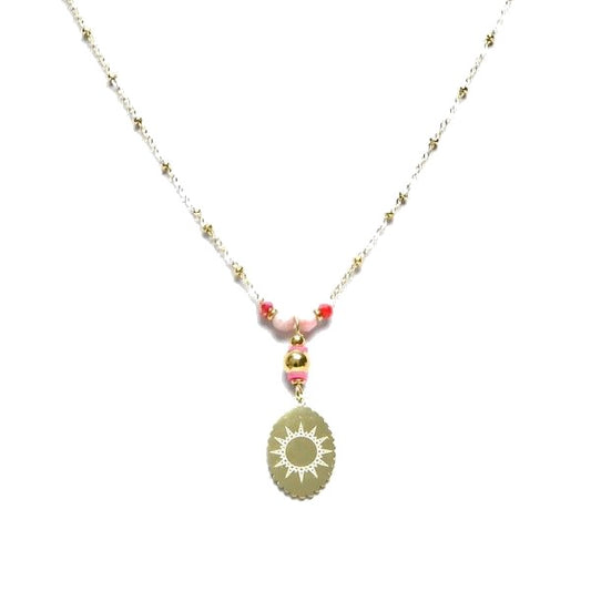 Collier Acier Doré Pierre Naturelle Rhodonite – Pendentif Soleil