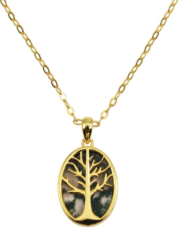 Collier Argent 925 Agate Mousse & Arbre de Vie - Plaqué Or