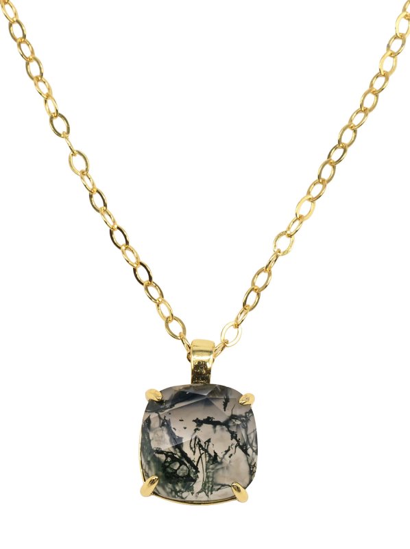 Collier Argent 925 Agate Mousse Carrée - Plaqué Or