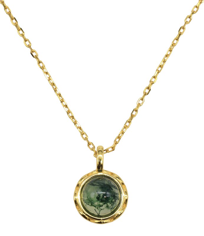 Collier Argent 925 Agate Mousse Ronde - Plaqué Or