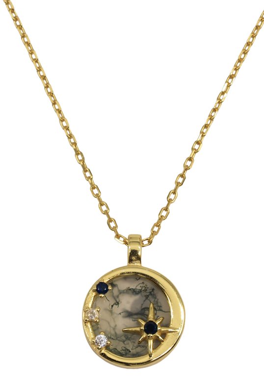 Collier Argent 925 Agate Mousse & Étoiles - Plaqué Or