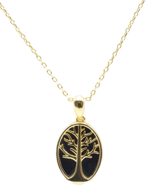 Collier Argent 925 Onyx & Arbre de Vie - Plaqué Or