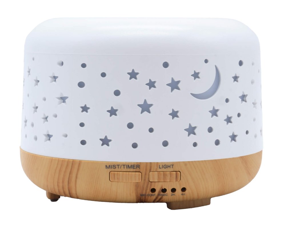 Diffuseur d'Huiles Essentielles Blanc & Bois – Lune & Étoiles 13cm