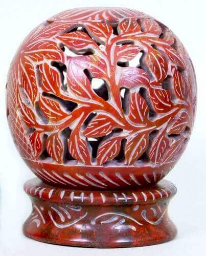 Bougeoir Pierre Globe Fleurs Rouge 10cm