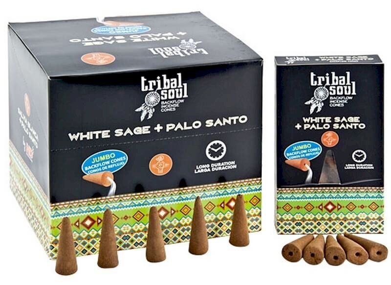 Backflow Cônes Jumbo XL Tribal Soul Sauge Blanche & Palo Santo – Boîte de 12 paquets de 10 cônes