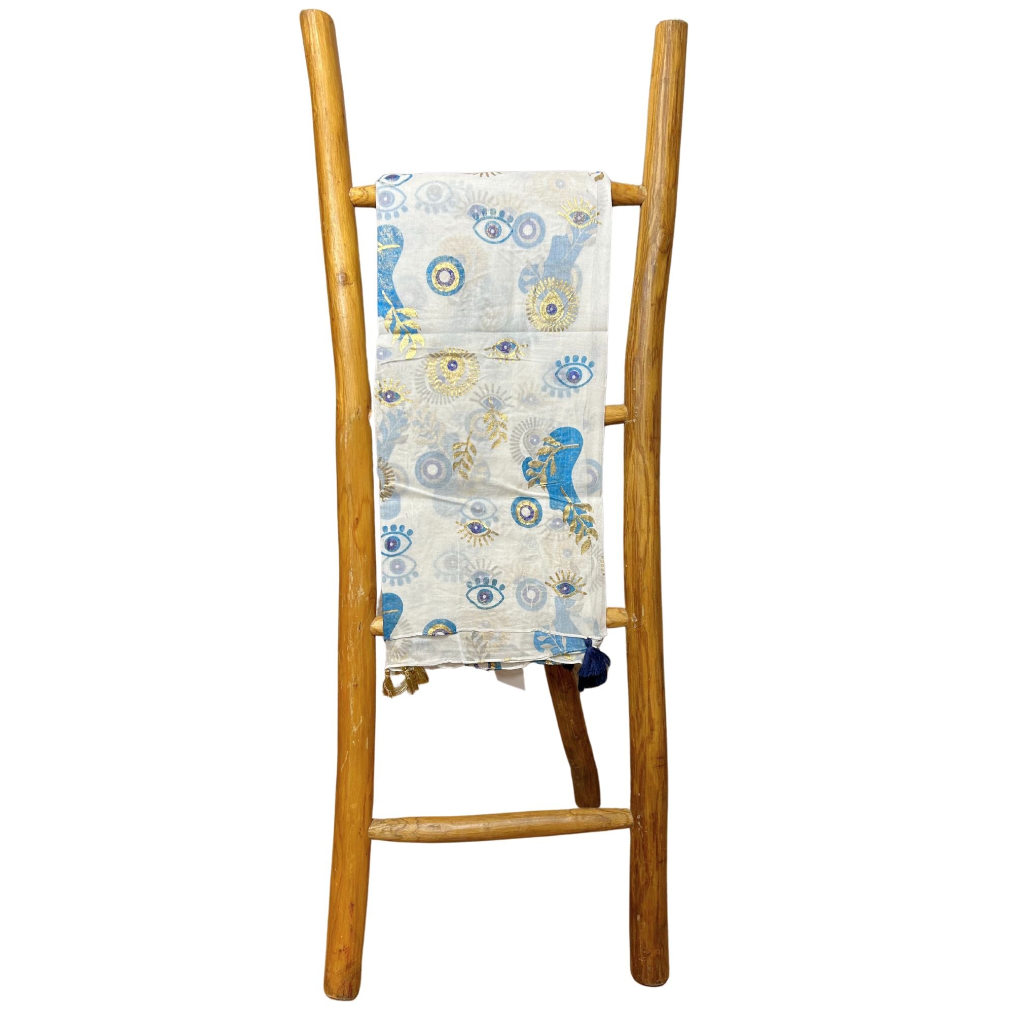 Paréo Femme Blanc, Bleu & Or Mauvais Œil Doré Peint à la Main – Collection Nomad Sari Méditerranée