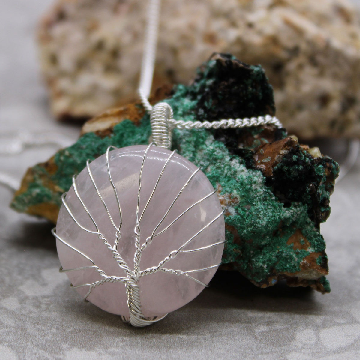 Collier arbre de vie en quartz rose